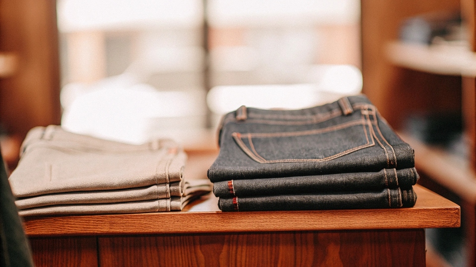 A pair of dark indigo, non-distressed, slim-fit jeans folded neatly.