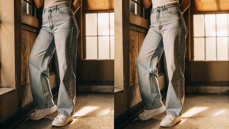 A visual comparison showing the clean silhouette of straight-leg jeans next to the oversized, loose fit of baggy jeans.