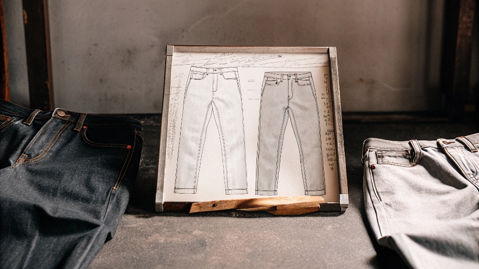 A vintage 1873 patent drawing for Levi's jeans next to a modern pair of jeans
