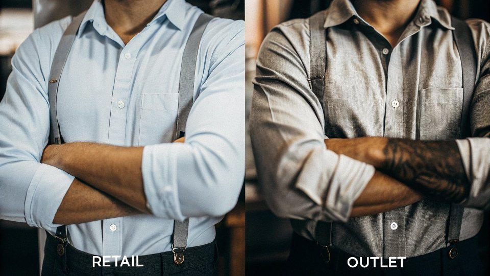 A side-by-side comparison of a retail shirt and an outlet shirt, highlighting subtle differences