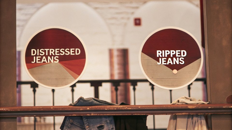 The Relationship Between Distressed and Ripped Denim An infographic chart showing "Distressed Jeans" as a large circle with a smaller circle inside labeled "Ripped Jeans"