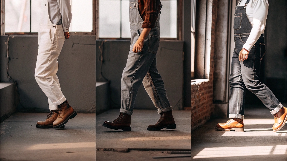 An image showing the evolution of overalls from a European worker to a classic American farmer and then to a modern fashion item