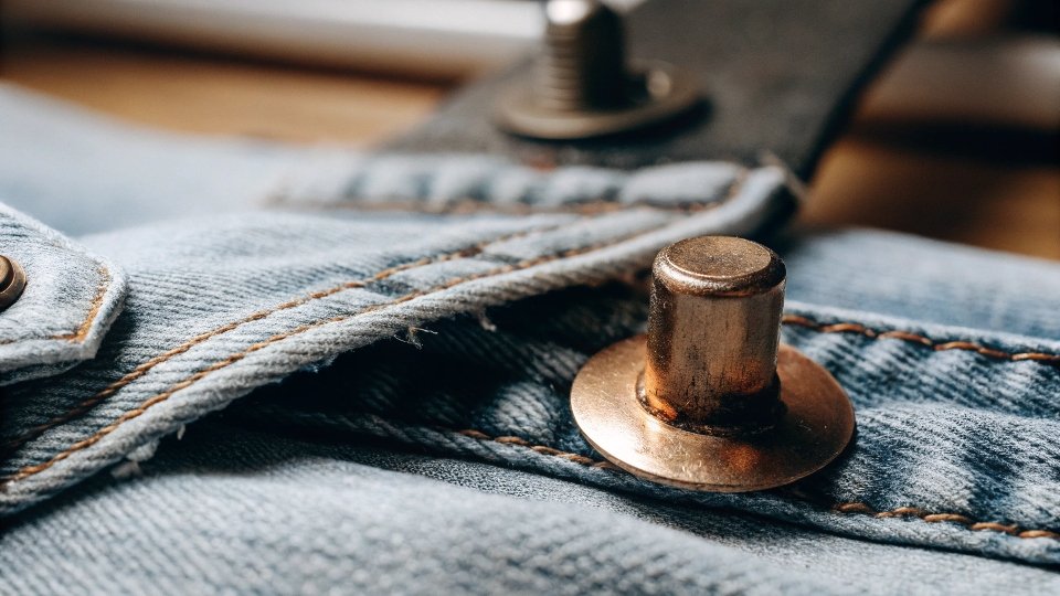A close-up shot of the copper rivet on a pair of blue jeans