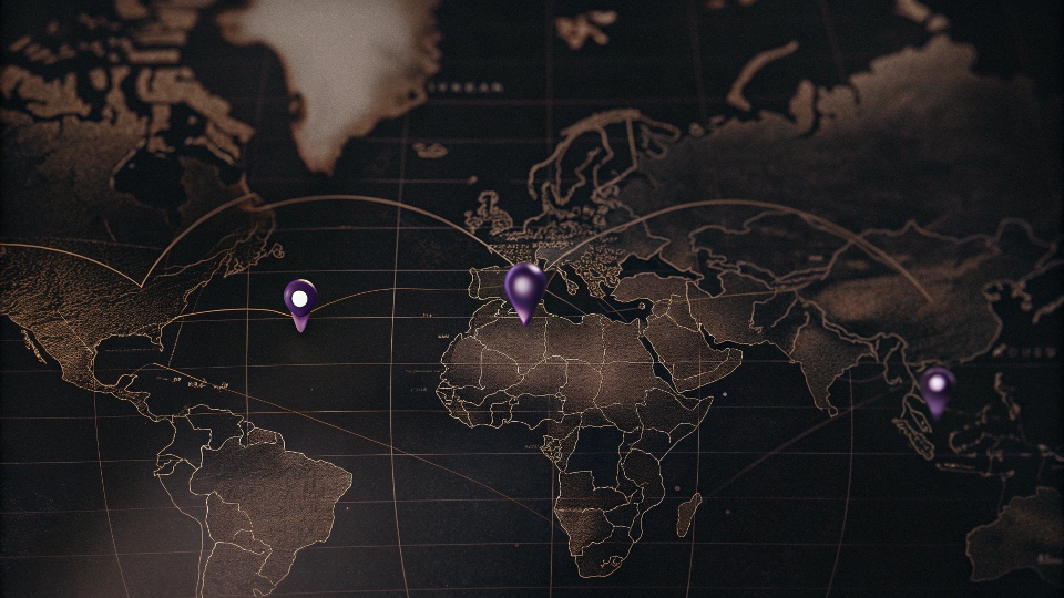 A world map with pins on the USA, Italy, and China, highlighting the global production network for a premium denim brand.