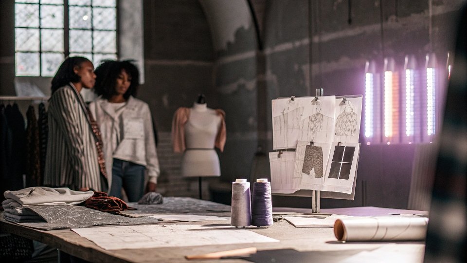 An abstract image representing the founding of a modern fashion brand, combining sketches, fabric swatches, and business plans.