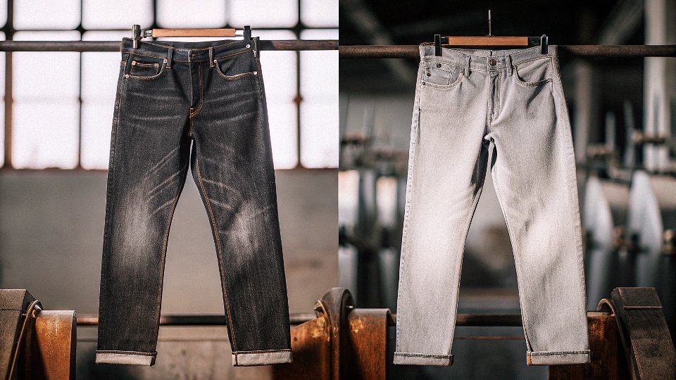 A split image showing stiff, dark raw denim on one side and soft, faded regular jeans on the other