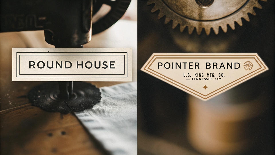 A collage of logos for brands that make overalls in the USA, like Round House and Pointer Brand