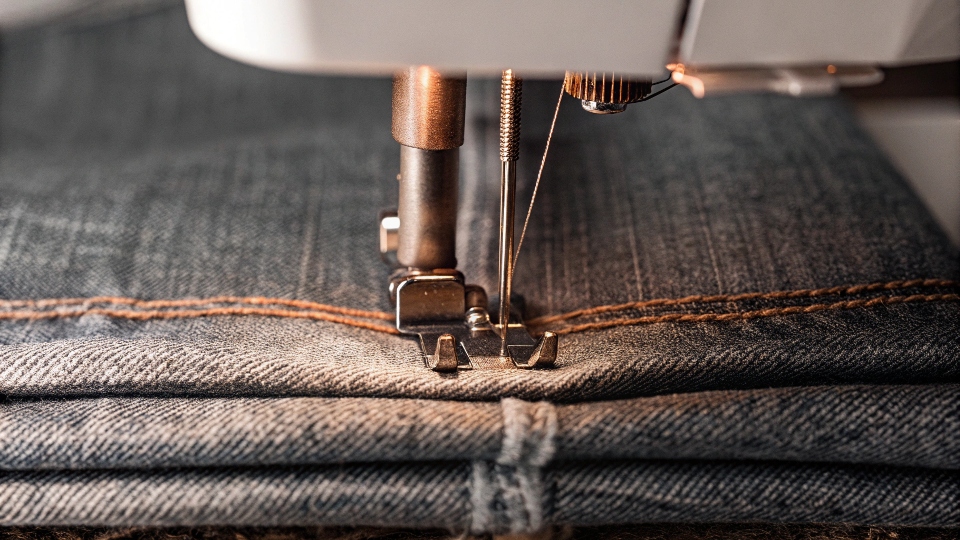 A close-up shot of a sewing machine needle trying to penetrate multiple layers of thick denim fabric