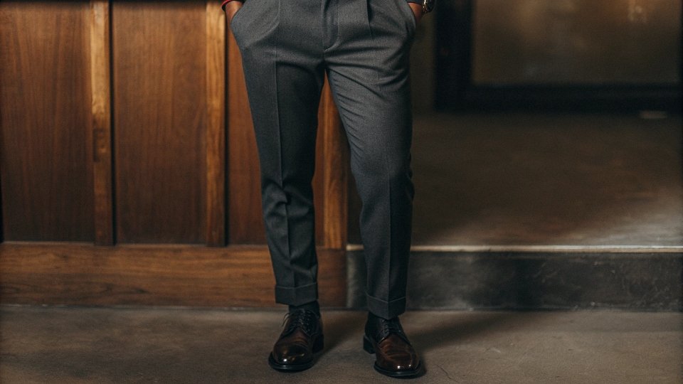 A person wearing full-length formal slacks