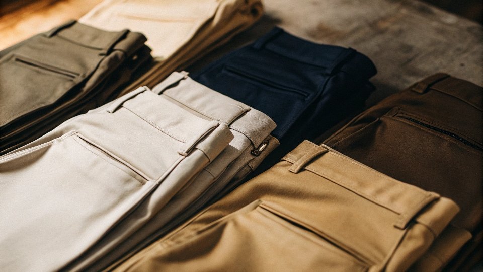 A collection of folded slacks in various colors like grey, navy, and khaki