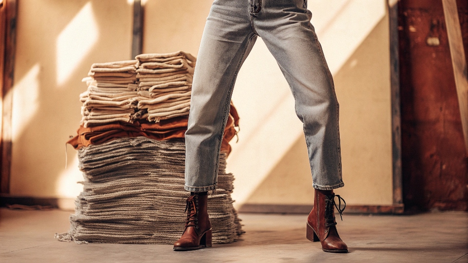A fashion model wearing stacked jeans where the fabric is intentionally piled up at the ankle