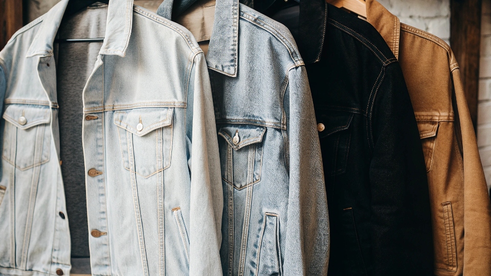 A collection of different wholesale denim jackets, showing various styles from classic trucker to vintage acid wash