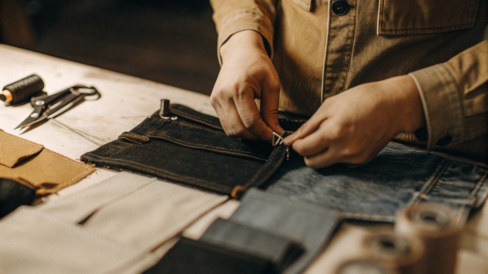 A person sewing a pocket onto a piece of denim