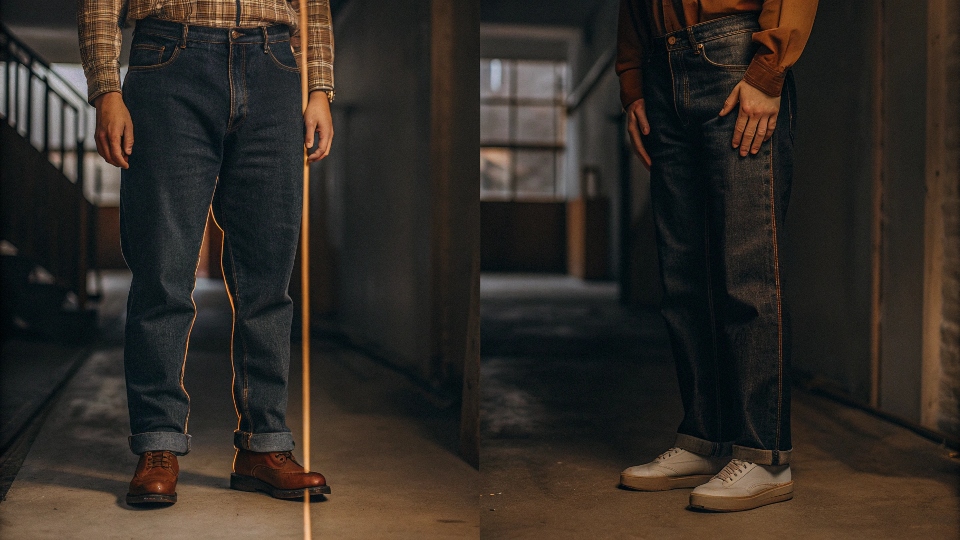 An infographic showing a straight line down a leg for "straight fit" and a cloud of extra fabric around a leg for "baggy fit."