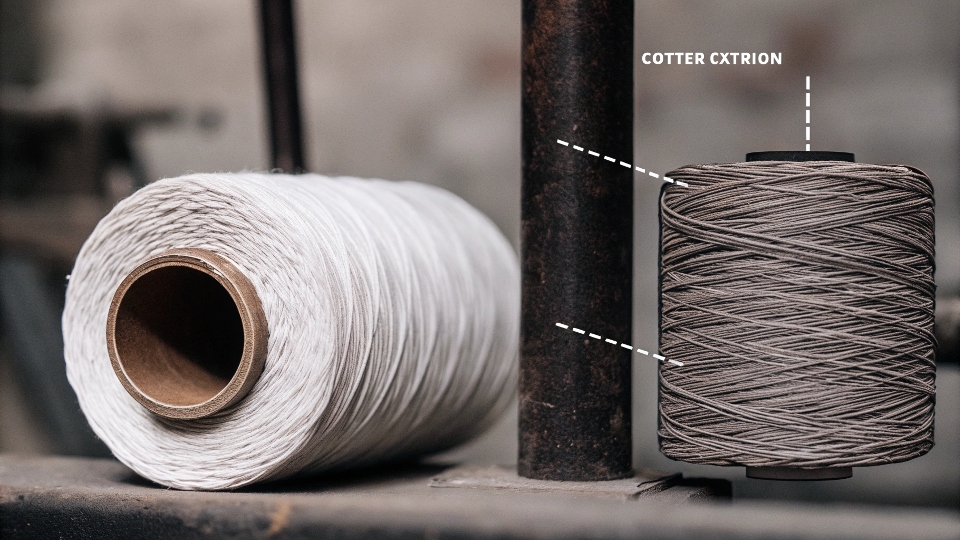 A spool of core-spun yarn showing the cotton exterior next to a diagram of its stretchy interior
