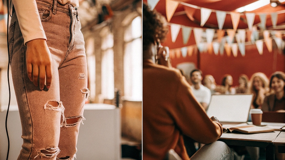A split image showing a person in ripped jeans fitting in at a music festival, and another person looking out of place in ripped jeans in an office meeting