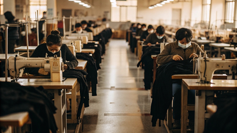 A well-organized and clean denim factory floor in China with skilled workers at sewing stations