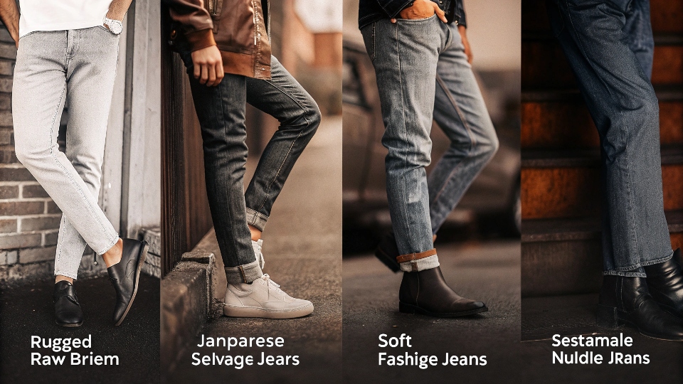A collage of different high-end jean brands, showcasing various styles from rugged raw denim to soft fashion jeans