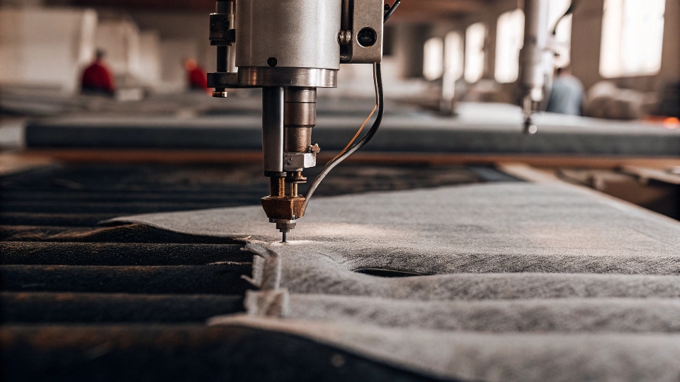 A close-up of a precision cutting machine slicing through layers of denim fabric in a US factory