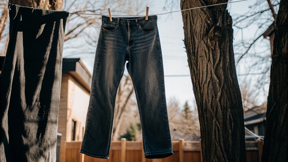 Preventing Jean Shrinkage by Air Drying A pair of jeans hanging on a clothesline to air dry instead of using a machine dryer