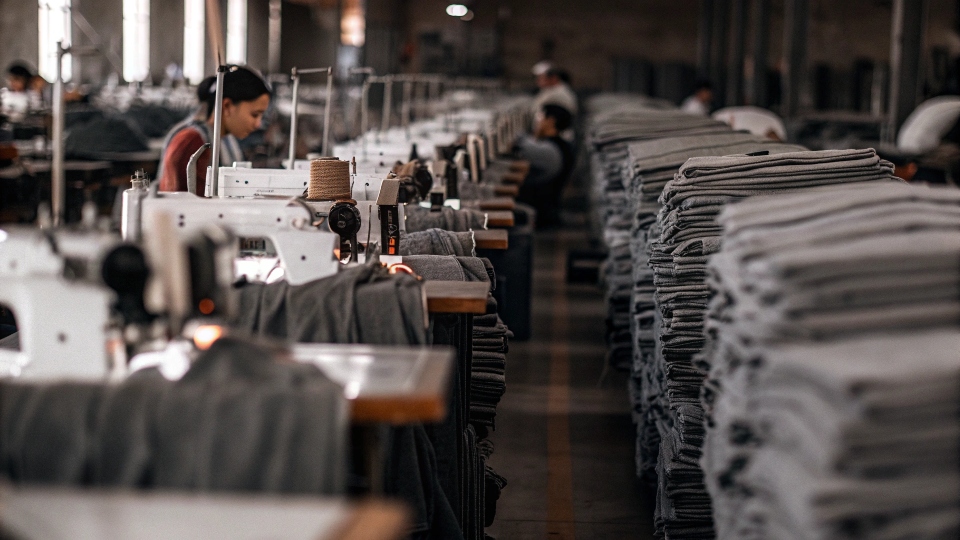 A busy and efficient denim factory floor with rows of [sewing machines](https://www.youtube.com/watch?v=PabSQRb2fGM)[^2] and workers crafting jeans