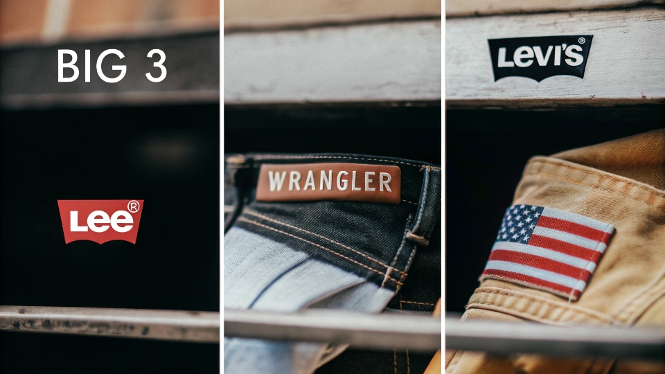 A collage image showing the logos of Levi's, Wrangler, and Lee