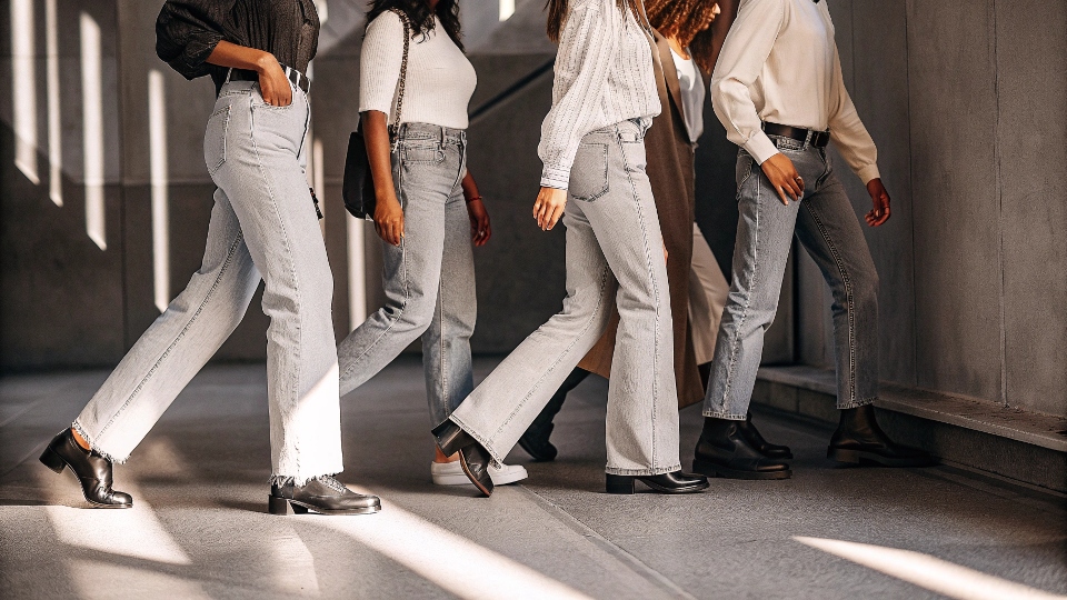 A group of stylish people wearing various styles of wide-leg and straight-leg jeans
