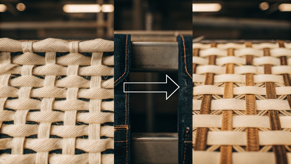 A simple diagram illustrating the interlocking loops of a knit fabric versus the over-under grid of a woven fabric