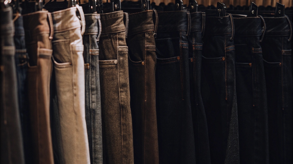 A rack of jeans from many different brands, showing a variety of colors and textures