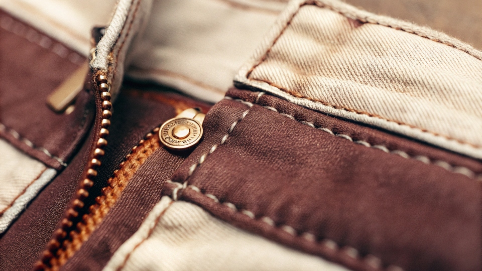 A detailed close-up shot showcasing high-quality denim fabric, sturdy stitching, and a branded copper rivet