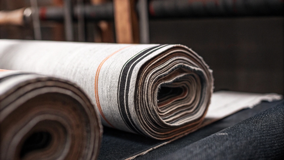 The Art of Japanese Selvedge Denim A roll of premium Japanese selvedge denim showing its unique texture and the signature red-line selvedge edge