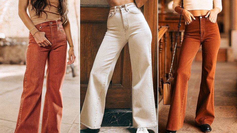 A collage of three different jean styles trending for 2025: a pair of low-rise wide-leg jeans, mid-rise 90s straight jeans, and structured barrel jeans.