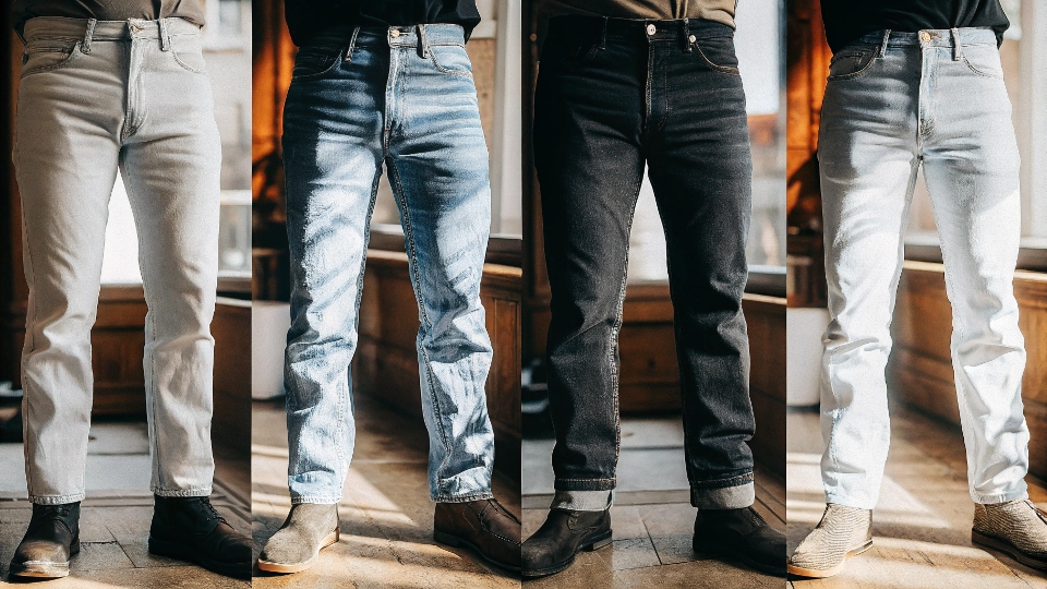 A four-panel image showing the four stages of a jean's life, from raw to faded to prime to worn out