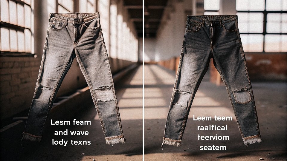 A pair of H&M jeans showing signs of wear and tear, like a frayed seam and faded color