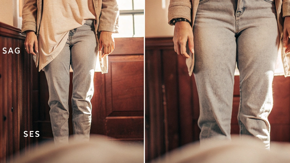 A person wearing stretch jeans with noticeably [baggy knees](https://www.reddit.com/r/malefashionadvice/comments/2f1tku/knee_bagging_how_do_i_reduce_it/)[^4] and a sagging seat