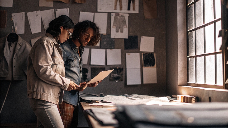 A photo of two creative professionals collaborating in a design studio, surrounded by denim samples and sketches.