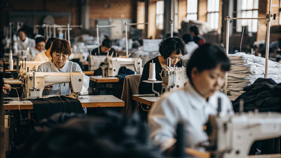 An archival photo of a busy garment factory in China from the 1980s or 1990s