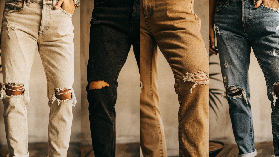 A collage of different denim textures with text labels like Ripped, Distressed, Destroyed, and Frayed