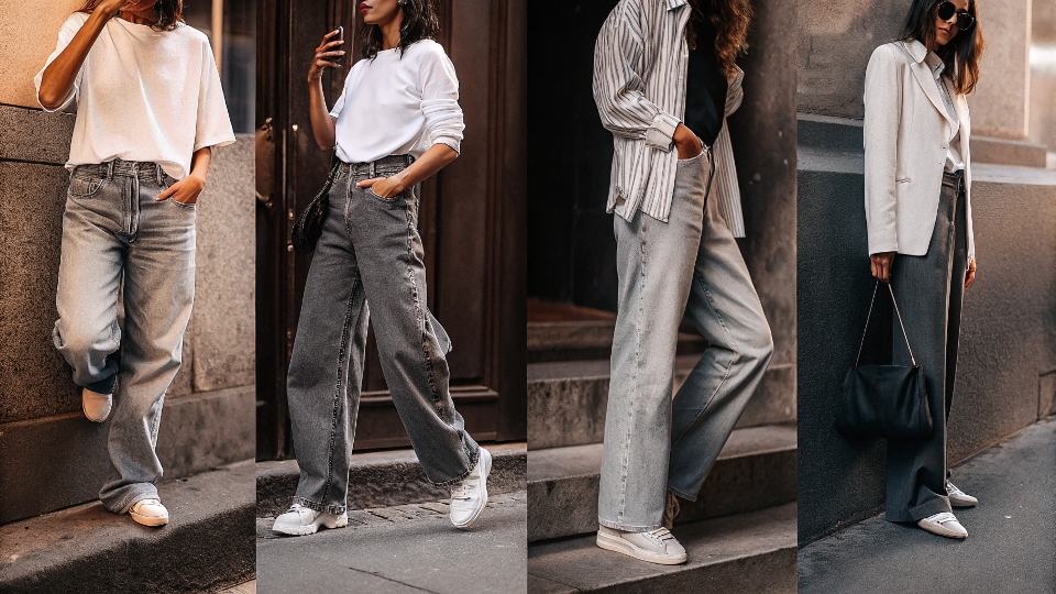 A collage showing four different people, each wearing a distinct style of baggy jeans: wide-leg, loose-fit, skater, and 90s.