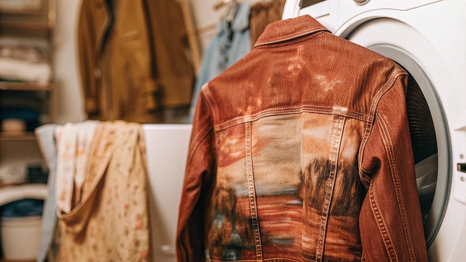 A painted denim jacket emerging from a washing machine, with the design still vibrant and intact