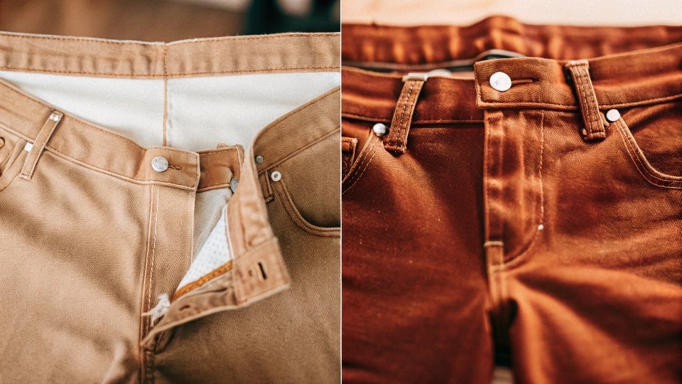 Comparing $30 Jeans vs. $300 Jeans A split-screen image showing a cheap, mass-produced jean on one side and a premium, well-crafted jean on the other