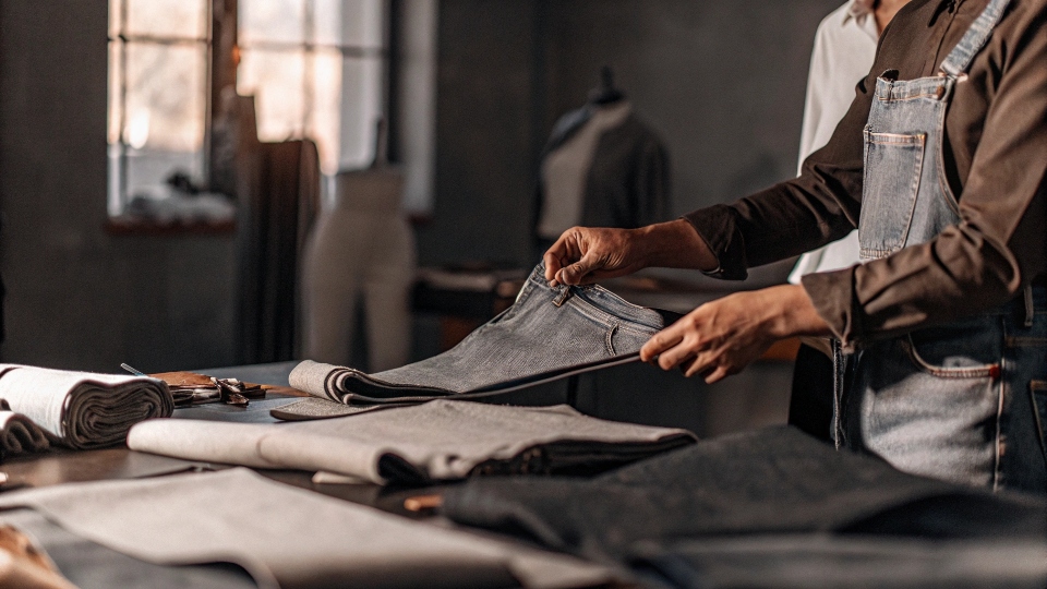 A boutique owner carefully inspecting the fabric of a sample pair of jeans