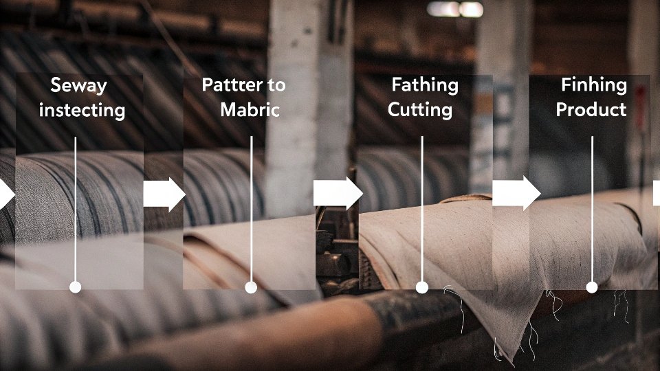 A flowchart showing the steps of jean production from fabric to finished product