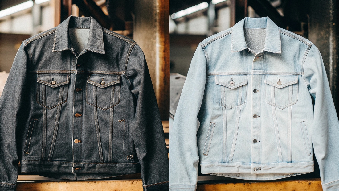 A side-by-side comparison of a dark, stiff [raw denim](https://www.reddit.com/r/rawdenim/comments/11lqlr/can_anyone_explain_raw_denim_to_me/)[^7] jacket and a lighter, softer washed denim jacket.