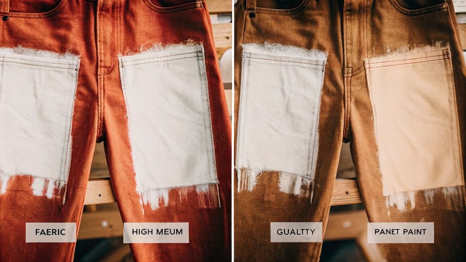 A side-by-side comparison of denim swatches painted with acrylic paint, fabric paint, and oil paint