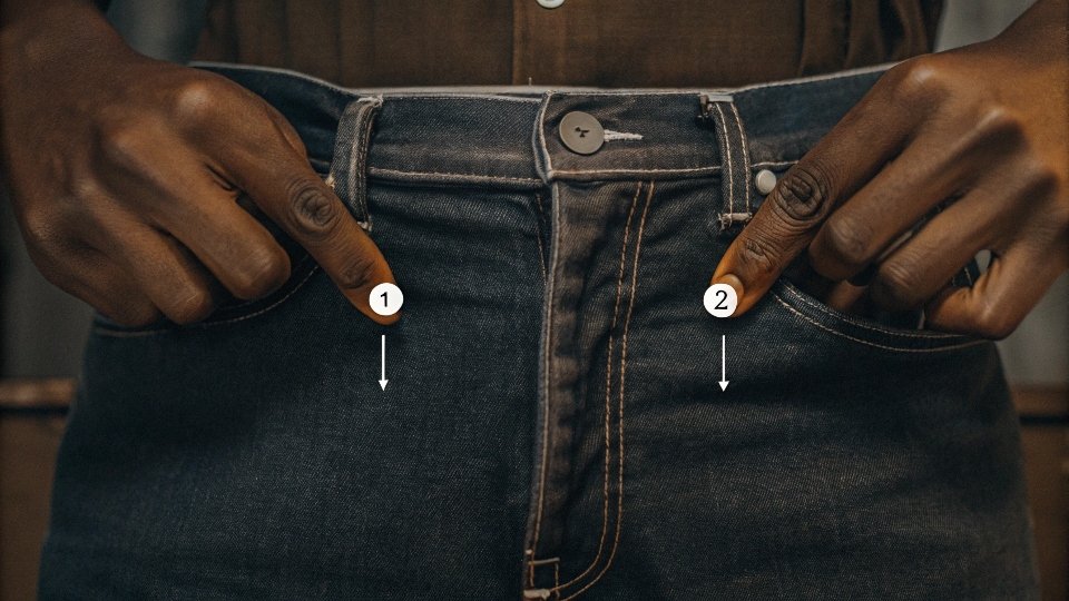 A person demonstrating how to slide two fingers into the waistband of their jeans to test the fit