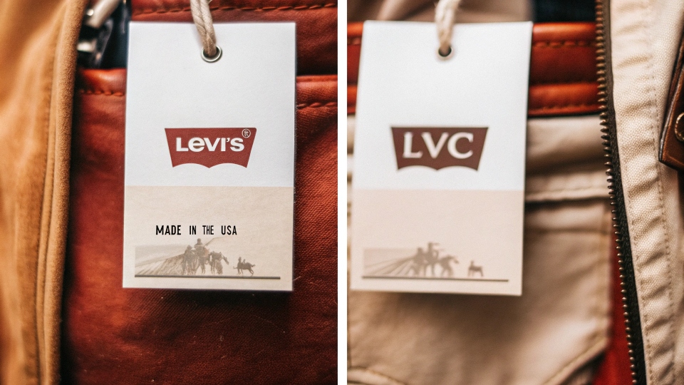 A split image showing a standard Levi's tag from overseas and a premium LVC "Made in the USA" tag
