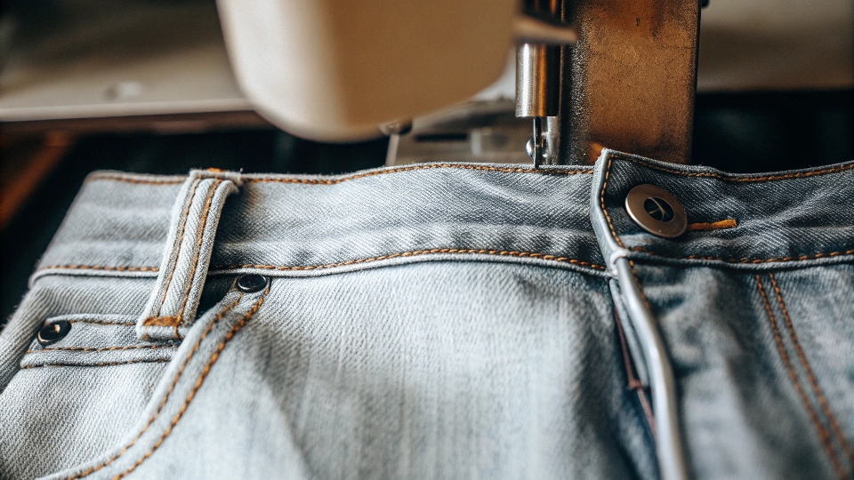A close-up shot of the high-quality, dense fabric of a premium pair of jeans