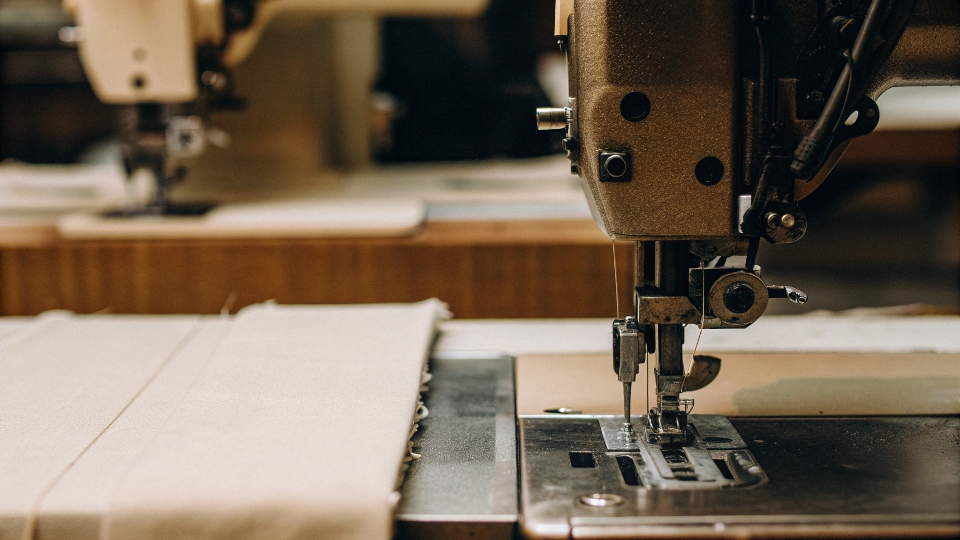 A focused image of a specialized denim sewing machine next to a machine for lightweight T-shirt fabric