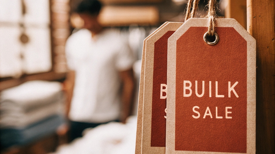 A price tag showing a bulk discount, illustrating the concept of wholesale pricing